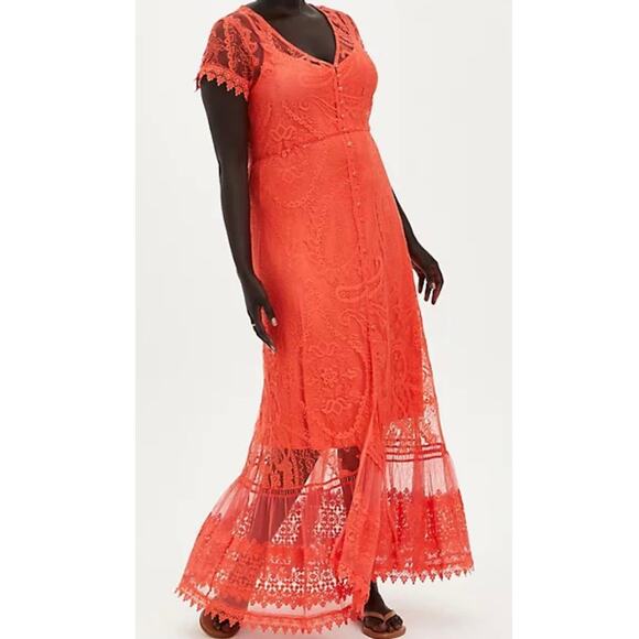 New Torrid 3 (3X 22/24) Coral Lace Button‎ Front Skater Maxi Party Dress - Picture 1 of 3
